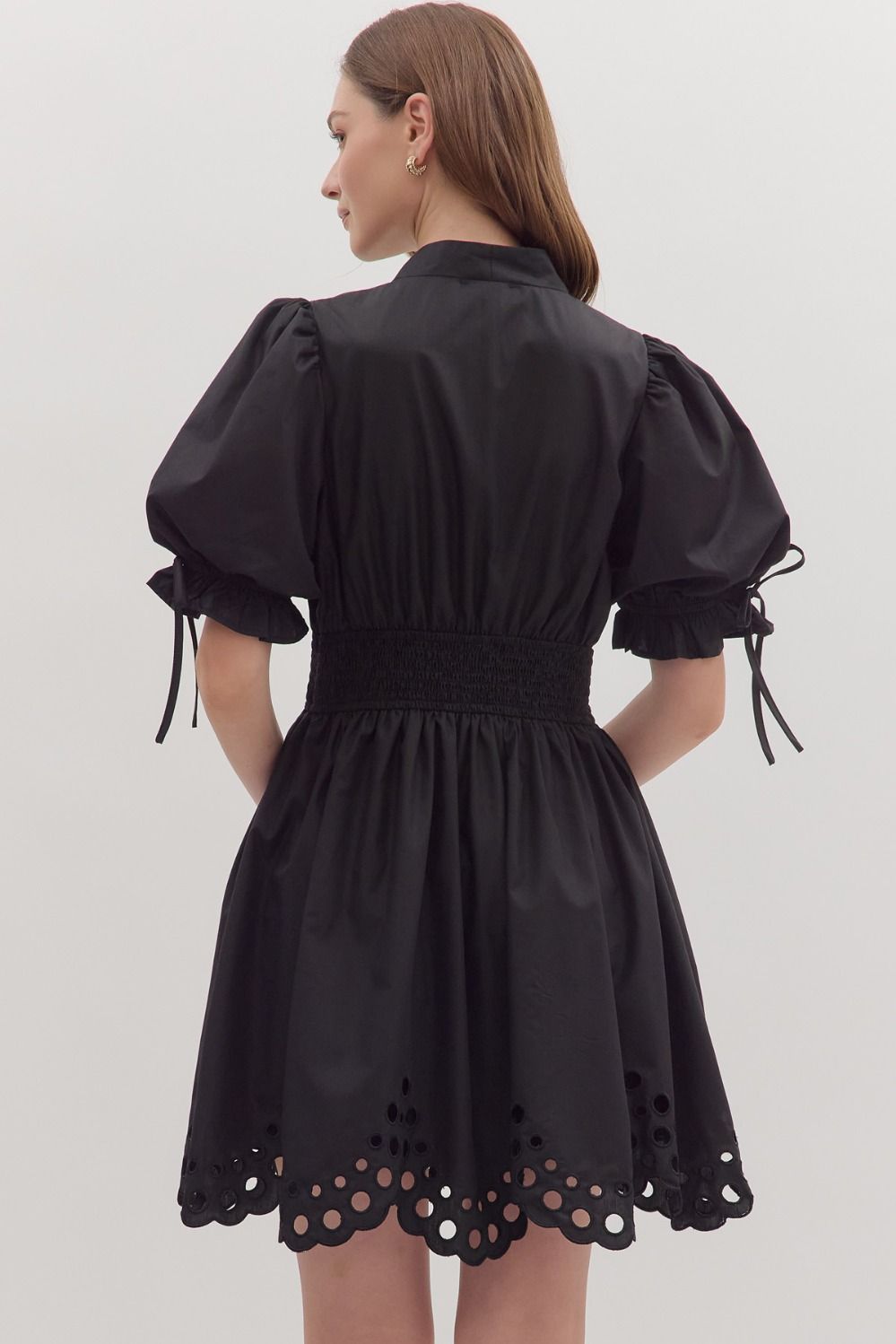 Ivy Puff Sleeve Scallop-Eyelet Mini Dress