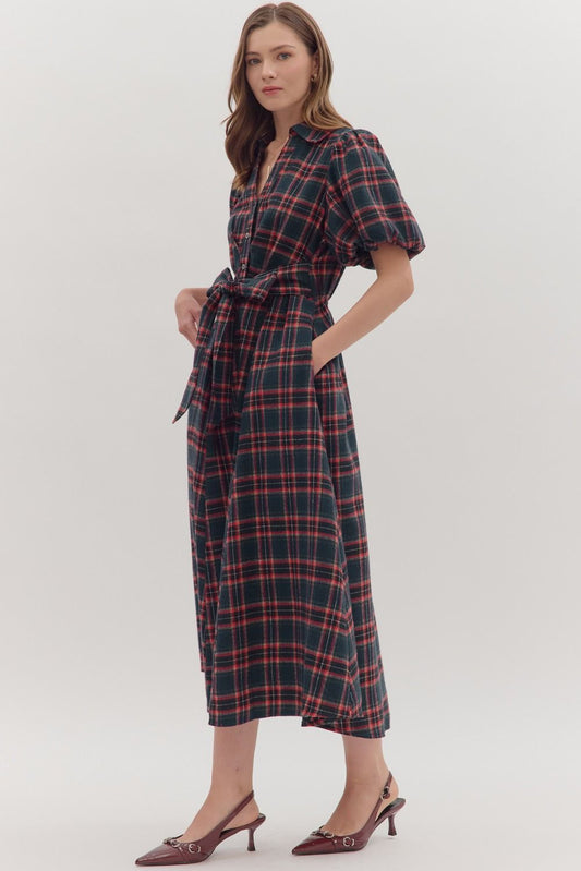 Classic plaid meets modern romance in the Isolde midi dress, complete with puff sleeves, a self-tie belt, and side pockets.