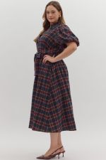 The Avelina Plaid Puff Sleeve Midi Dress combines timeless plaid with romantic puff sleeves and a flattering belted waist.