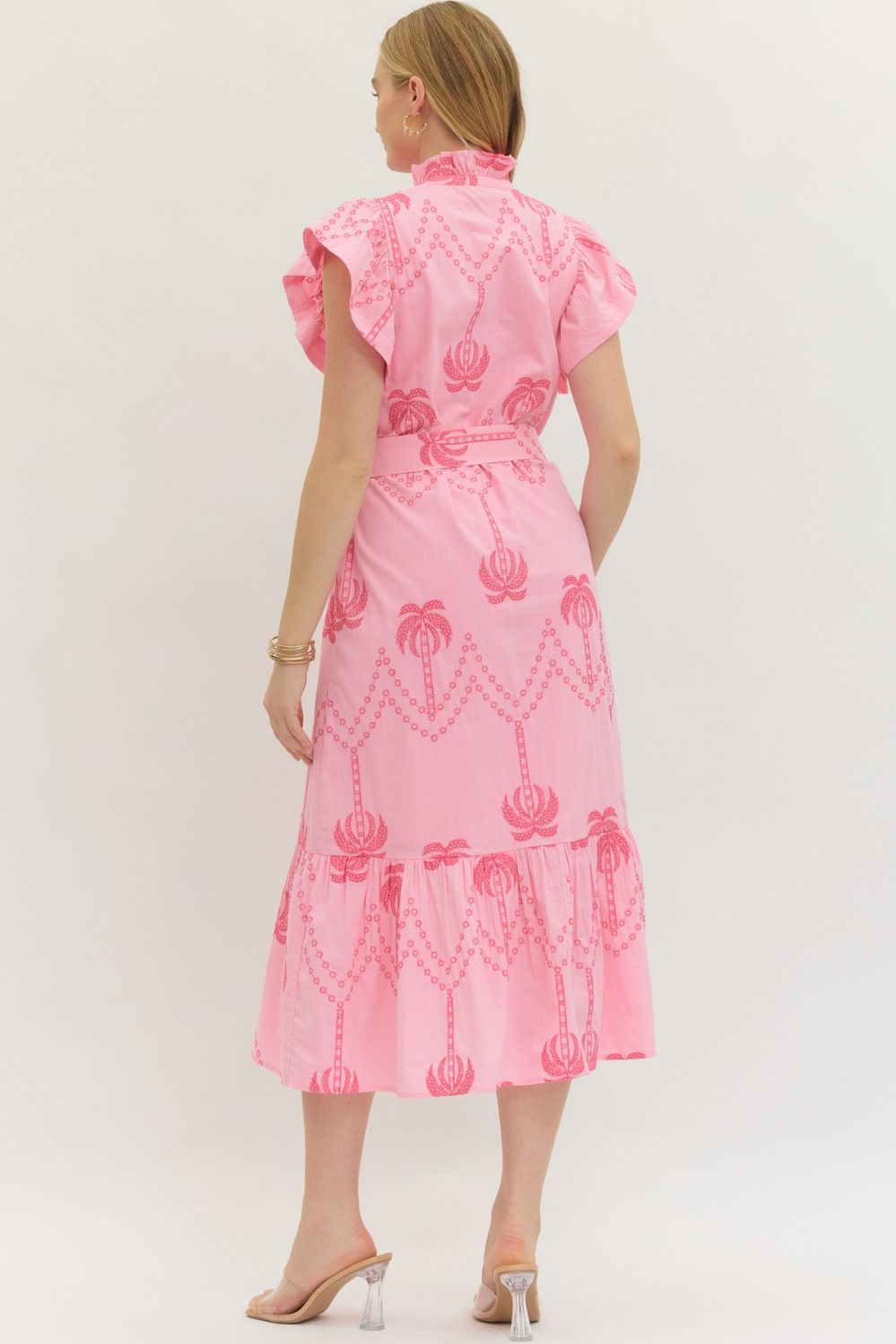 lightweight cotton midi dress with flutter sleeves, delicate embroidered details, and a flattering tie waist