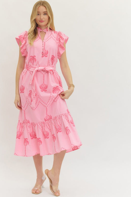 lightweight cotton midi dress with flutter sleeves, delicate embroidered details, and a flattering tie waist