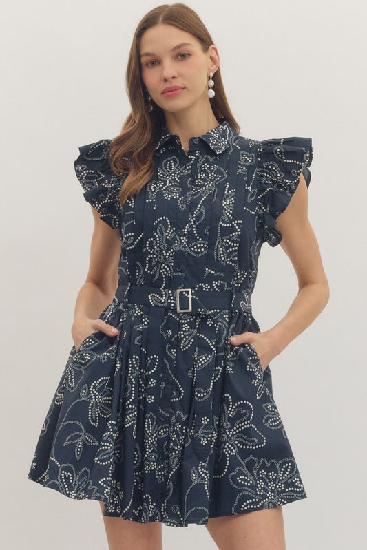 floral mini dress with ruffle cap sleeves, a belted waist