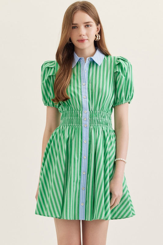 lightweight cotton mini dress with short puff sleeves, a smocked waist, and a classic stripe print