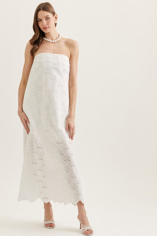 lightweight cotton strapless midi dress with scalloped eyelet hem, elasticated back, and side pockets
