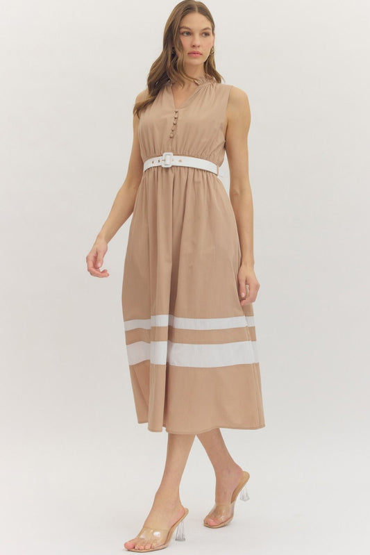 Contrast Belt Midi Dress features a ruffled mock neck, covered button detail, and a flattering elastic waist with contrast accents.