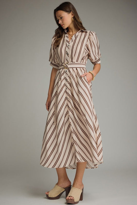 Camille Striped Ring Belt Midi Dress