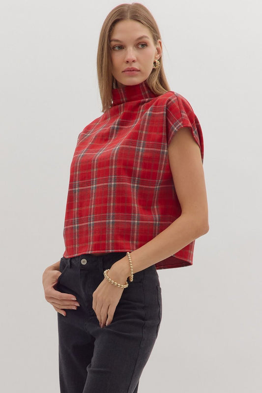 Classic plaid meets modern edge in the Maribel top, designed with a chic mock neck and sleek short sleeves.