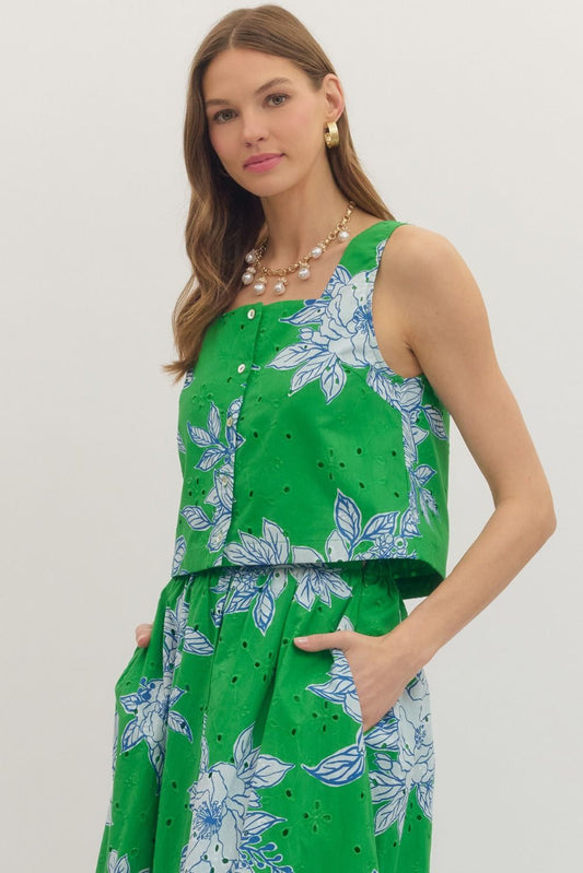 cotton eyelet top with botanical print, square neckline, and button-front detail