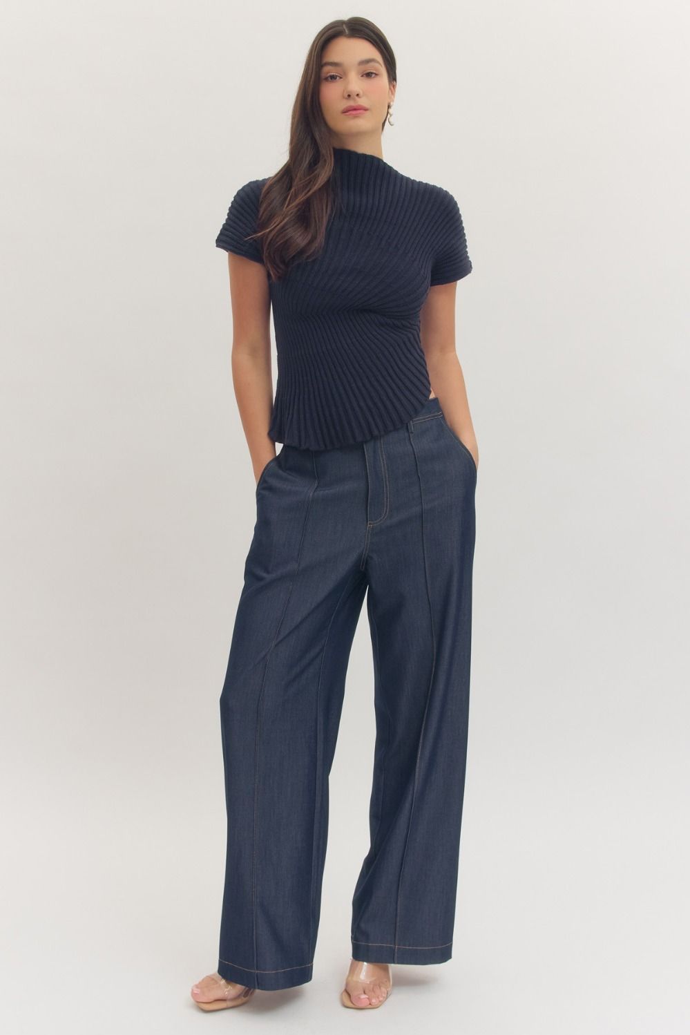 cotton ribbed knit top with cap sleeves and a modern asymmetric hem