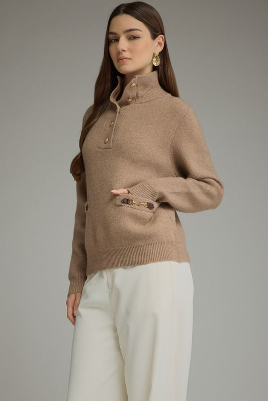 Solid long sleeve knit sweater top with stand neckline, button-front closure, and front pockets featuring buckle trim