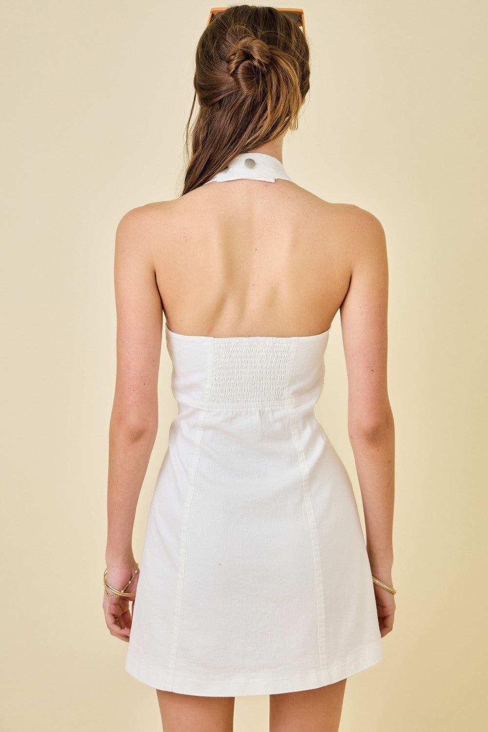 Sleeveless halter neck denim button down mini dress