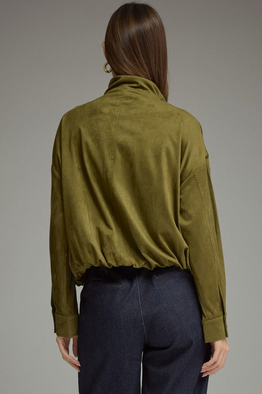 A polished yet practical woven jacket featuring a sleek high neckline, zip-front closure, and an easy elasticized hem for a modern everyday layer.