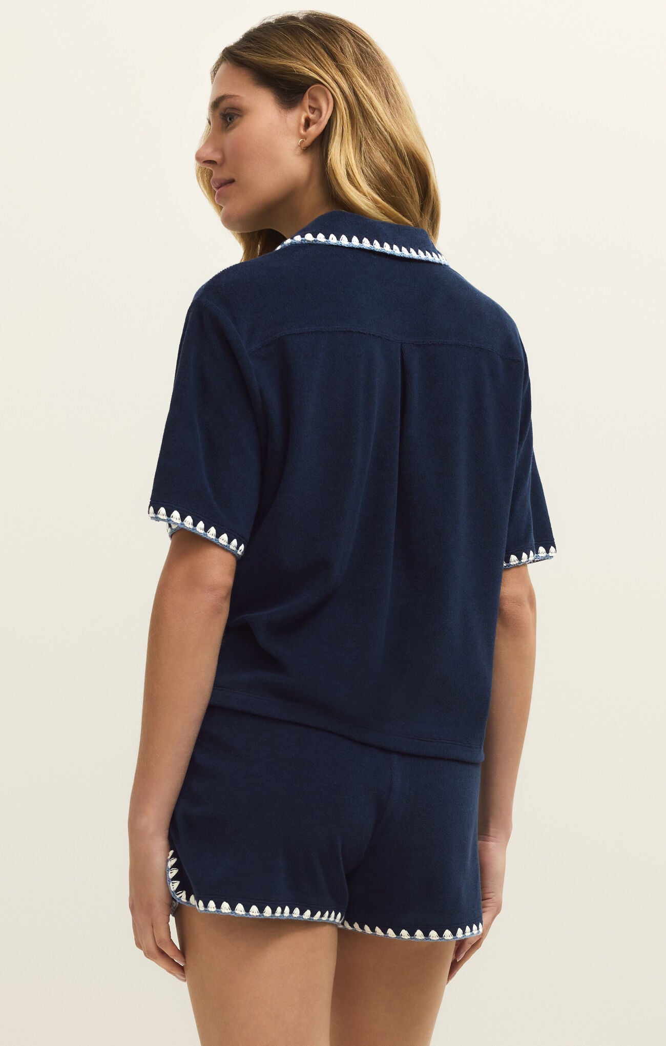 Relaxed fit terry cloth lounge shirt with button front
