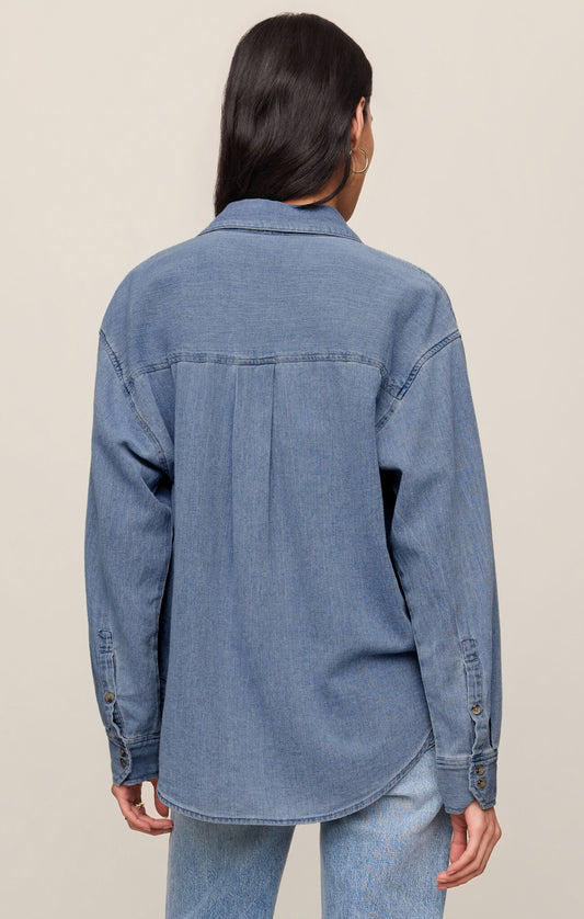 back of cotton indigo twill shirt featuring a collared neckline, 3/4 sleeves, denium