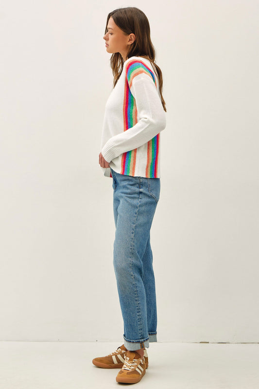 side view lightweight striped wool blend sweater featuring a soft hand feel, relaxed fit, and vertical rainbow design.