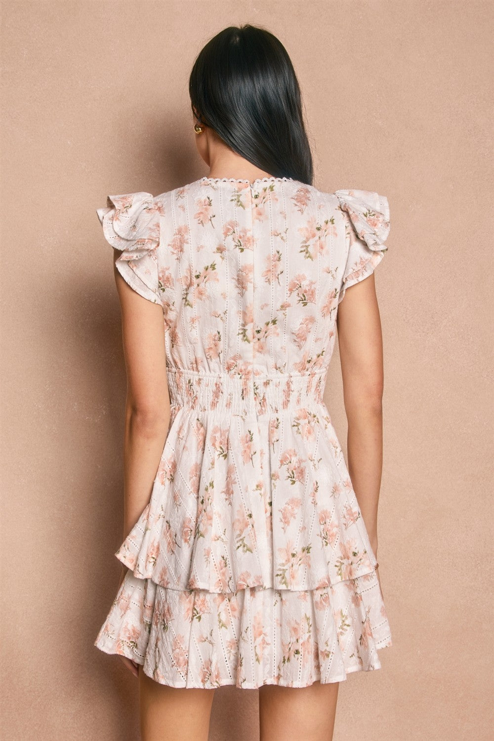 Floral striped eyelet mini dress with flutter sleeves