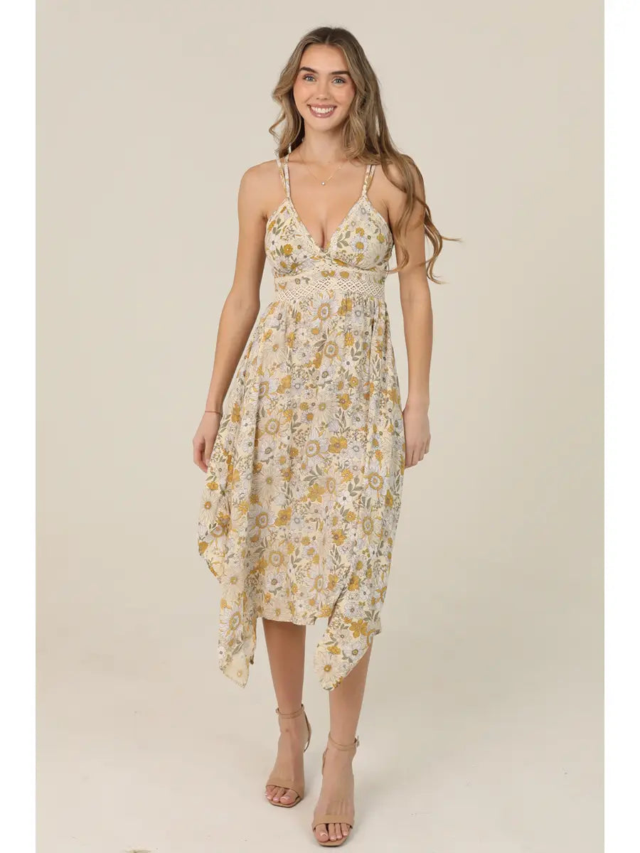 Retro daisy print lace trim midi dress