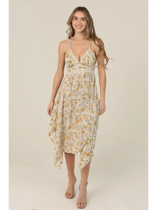 Retro daisy print lace trim midi dress