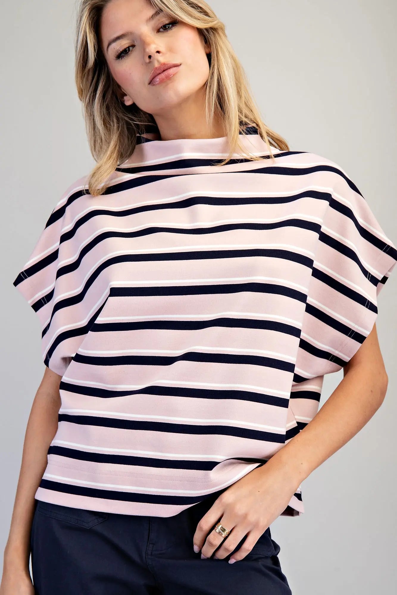 Striped mock neck boxy top with dropped shoulders