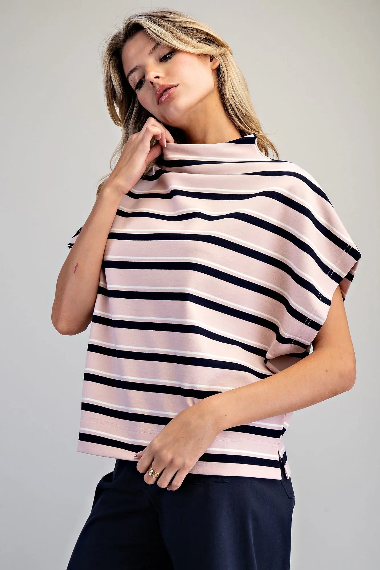 Striped mock neck boxy top with dropped shoulders