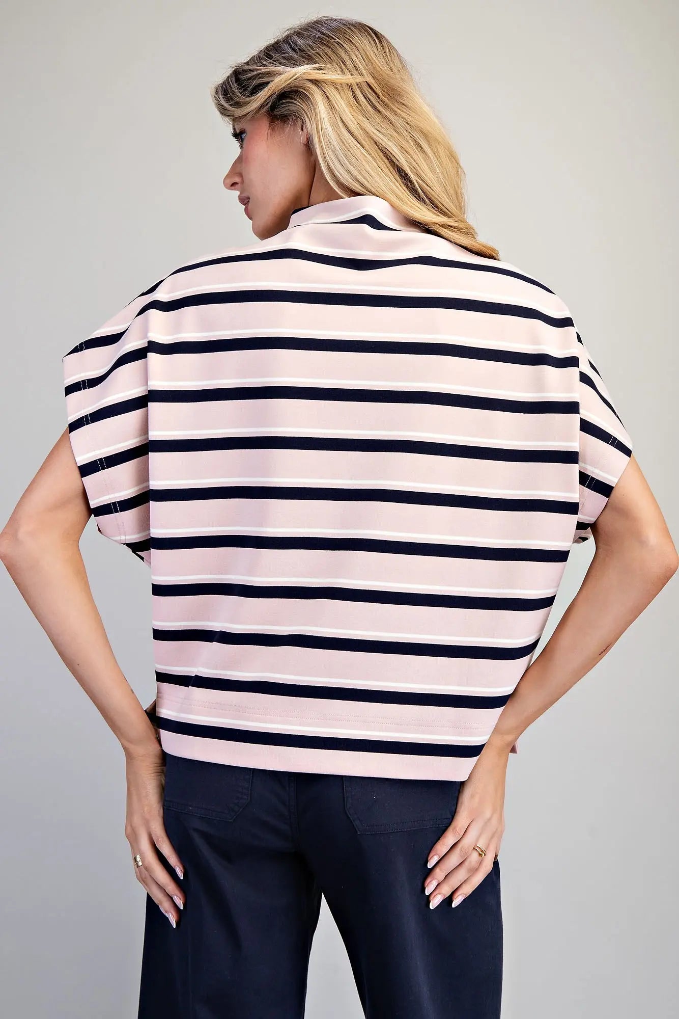 Striped mock neck boxy top with dropped shoulders