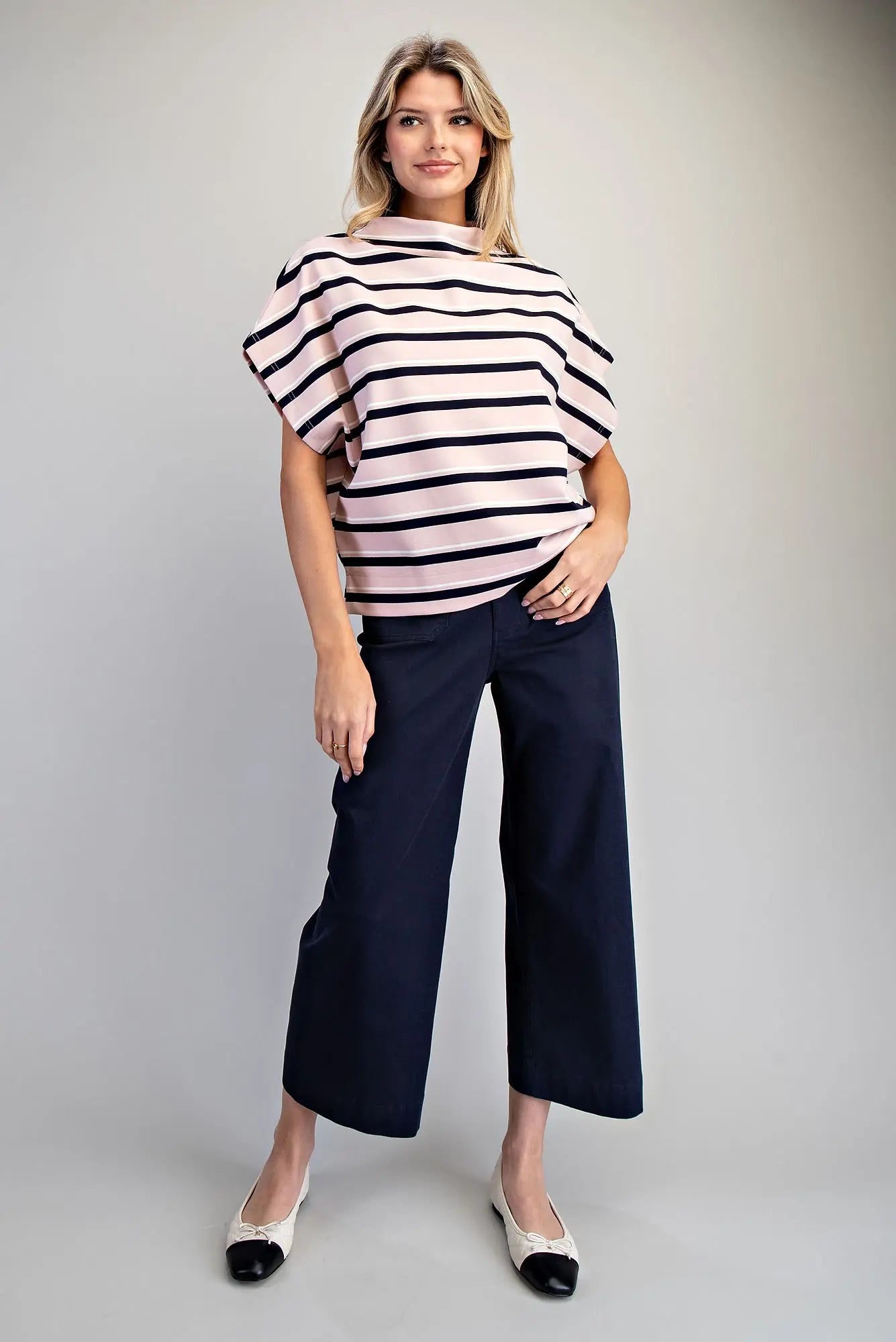 Striped mock neck boxy top with dropped shoulders