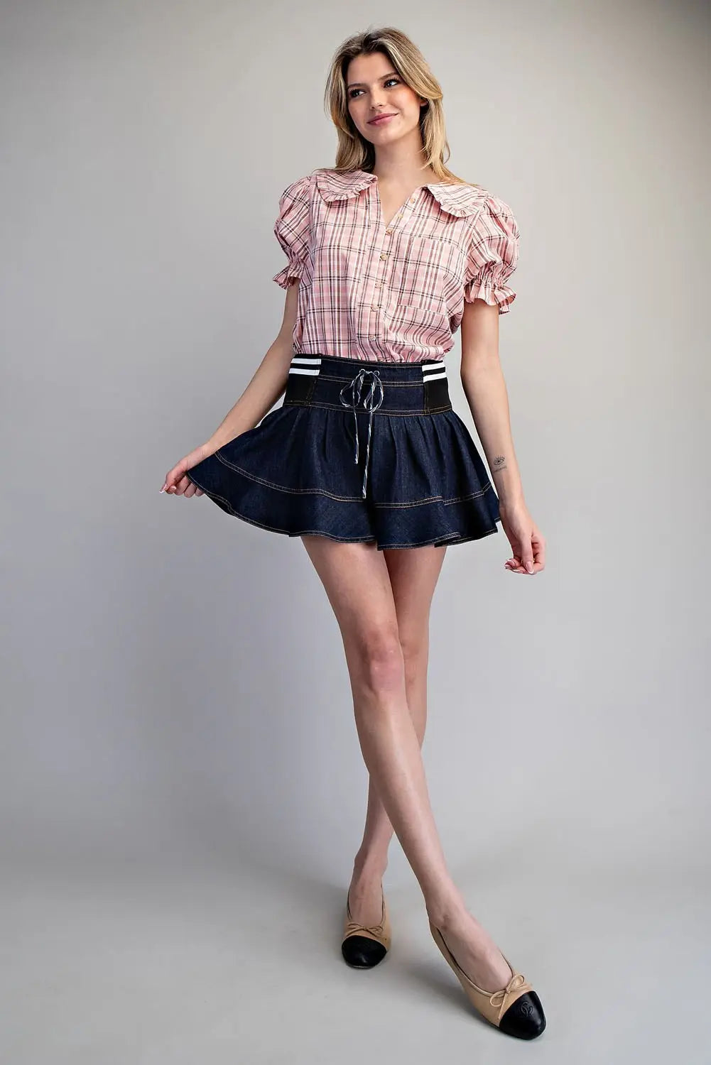 Washed Denim Tiered Mini Skirt