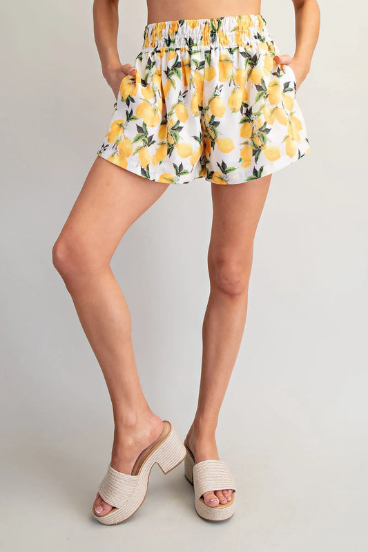 Lemon Printed Elastic Waist Shorts