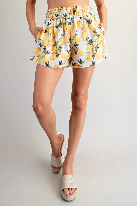 Lemon Printed Elastic Waist Shorts