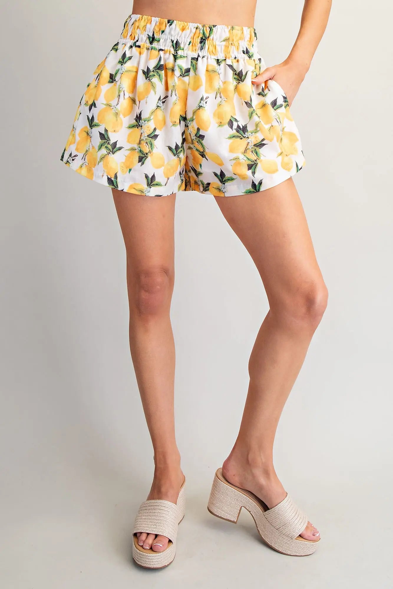 Lemon Printed Elastic Waist Shorts
