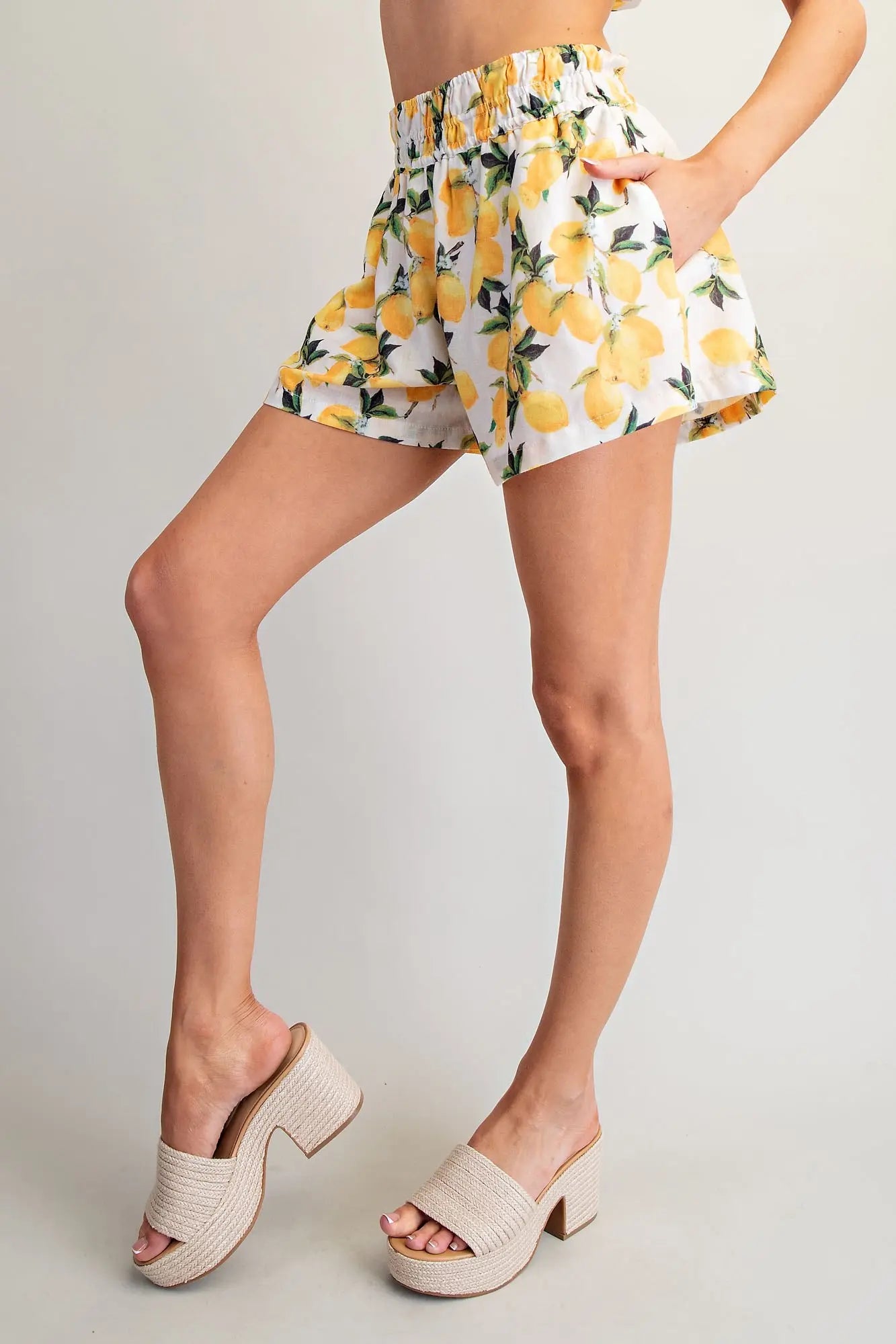 Lemon Printed Elastic Waist Shorts