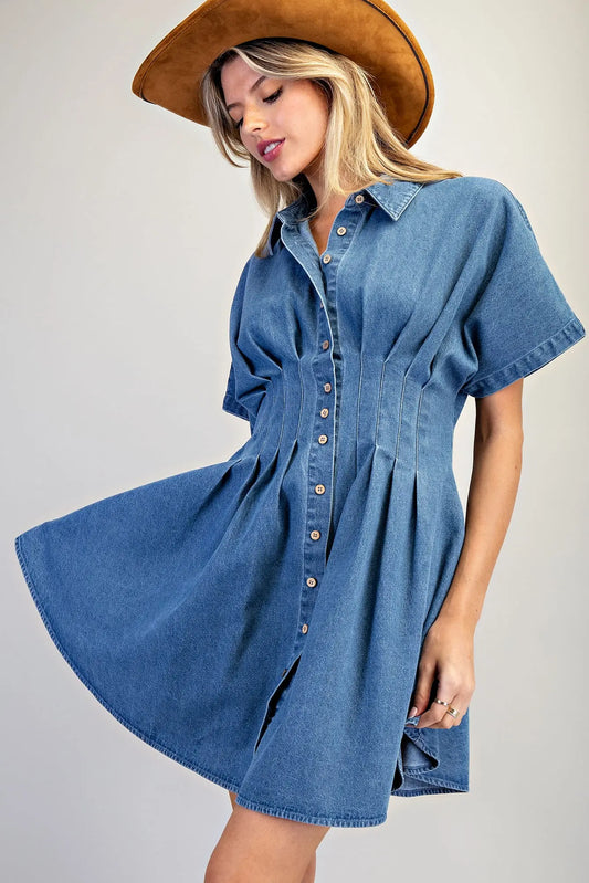 Women’s denim mini dress with pleated waist and flared skirt
