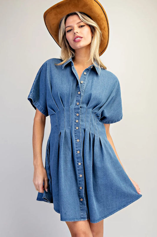 Women’s denim mini dress with pleated waist and flared skirt