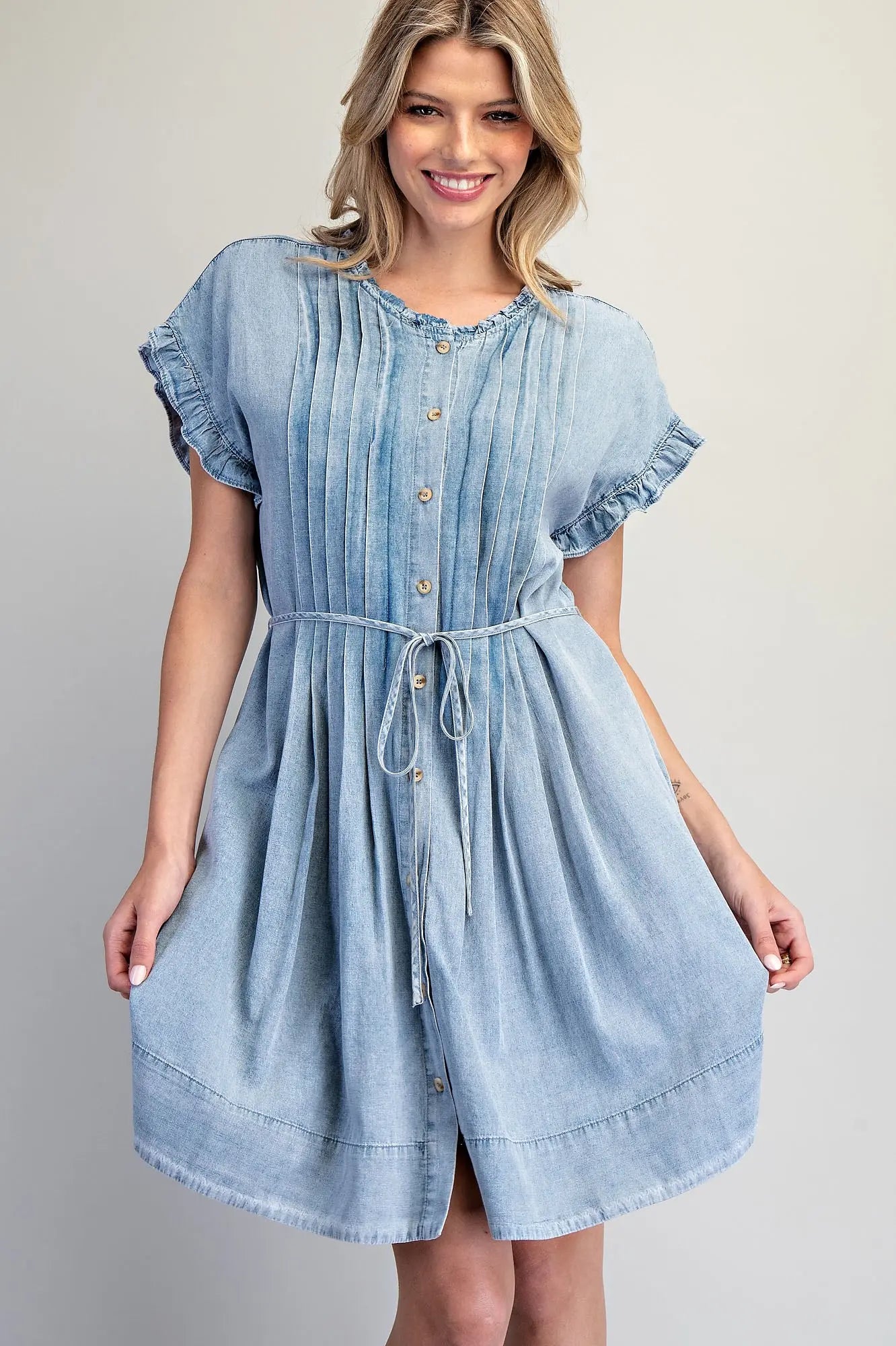 Snow washed pleated denim mini dress with tie waist