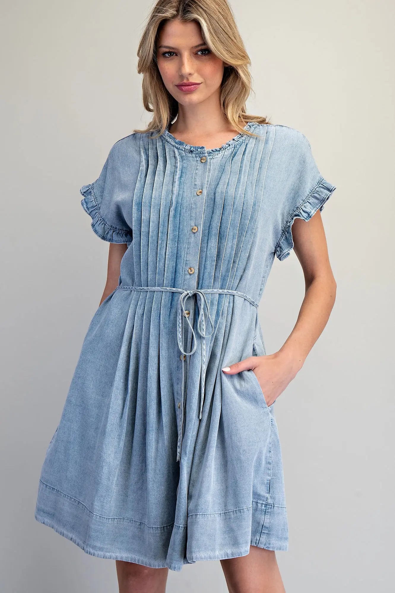 Snow washed pleated denim mini dress with tie waist