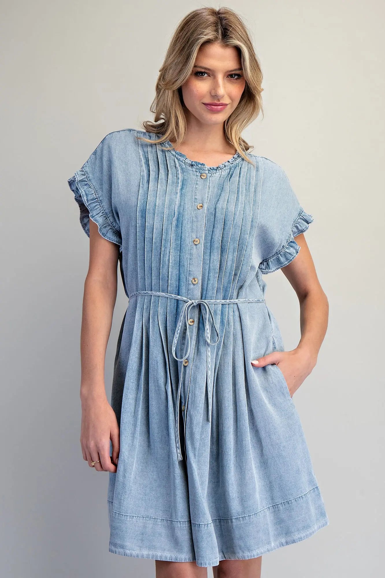 Snow washed pleated denim mini dress with tie waist
