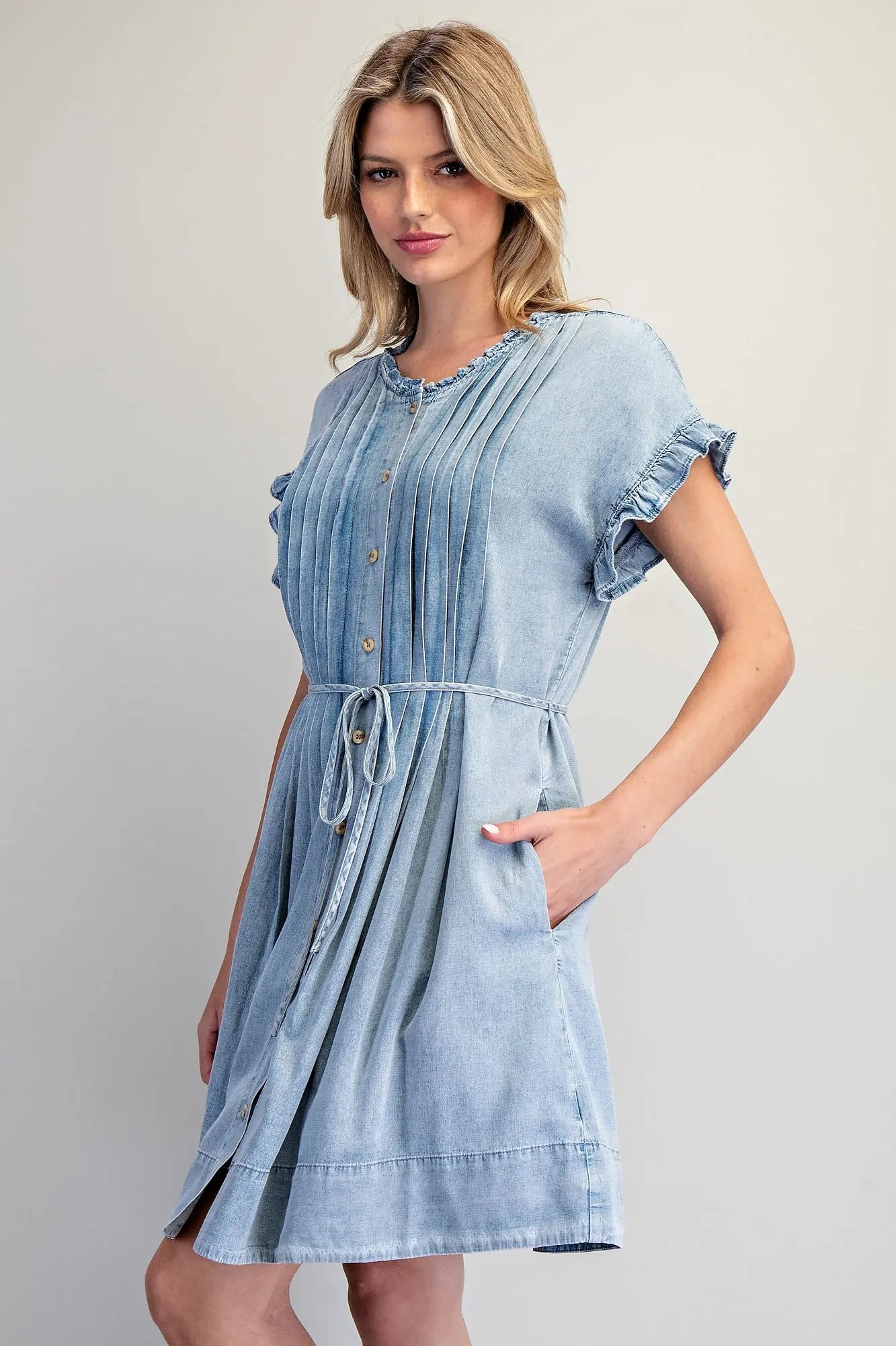 Snow washed pleated denim mini dress with tie waist