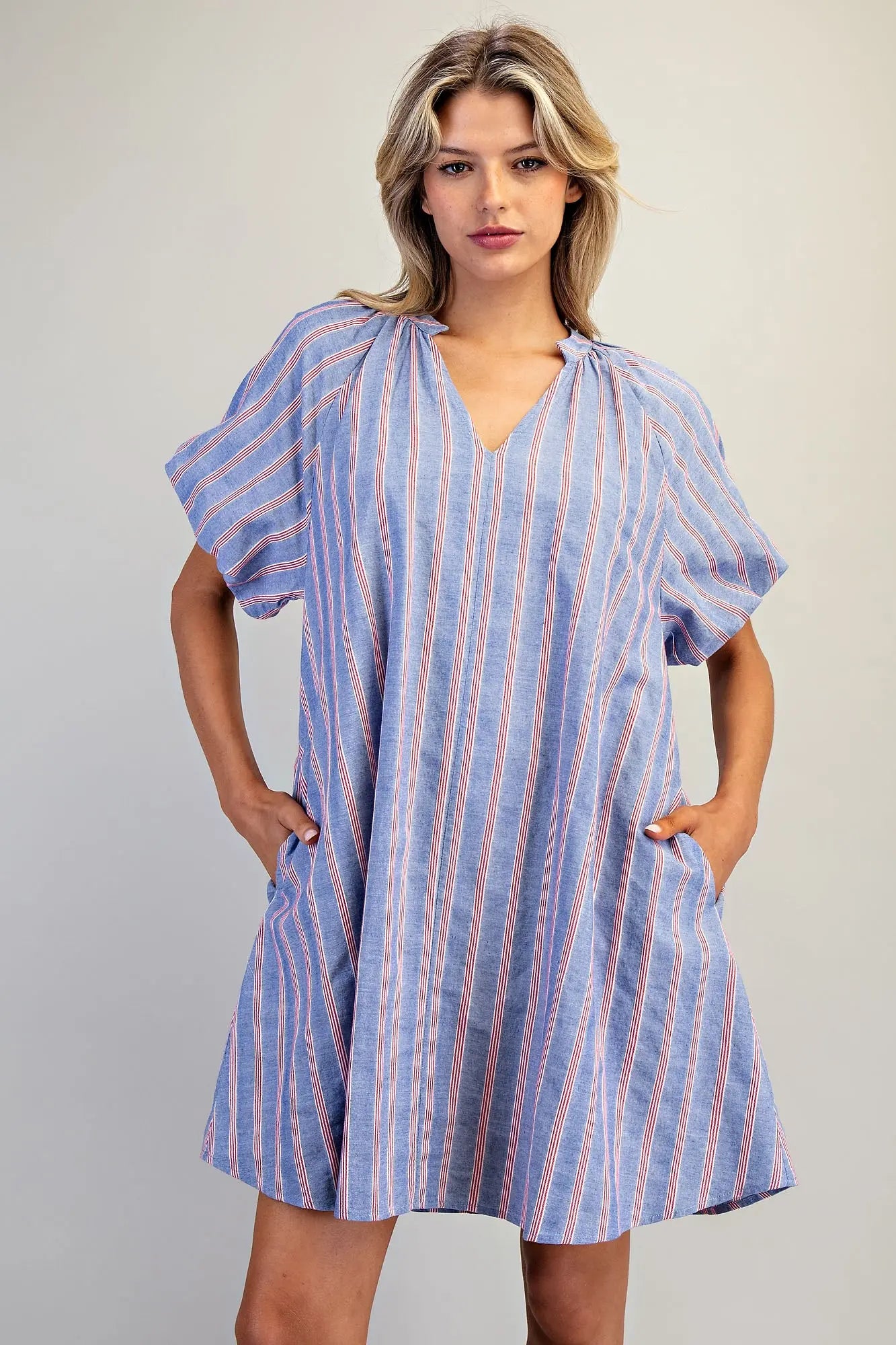 Striped mini dress with puff sleeves and gathered V-neckline