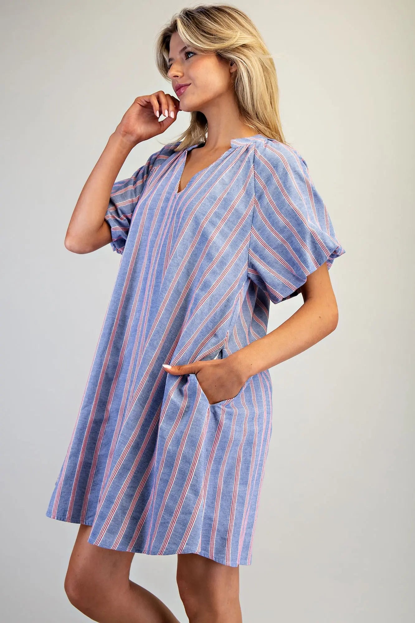 Striped mini dress with puff sleeves and gathered V-neckline