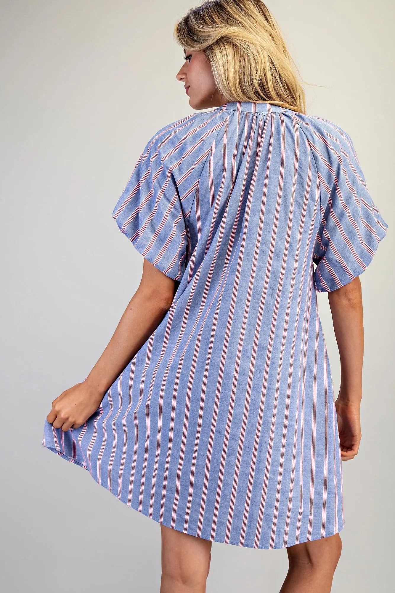 Striped mini dress with puff sleeves and gathered V-neckline