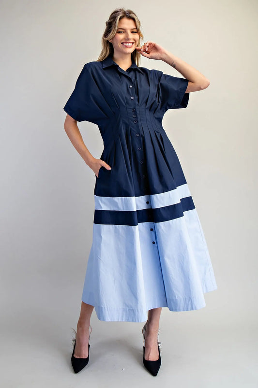 Color block button down midi dress with pleated waist