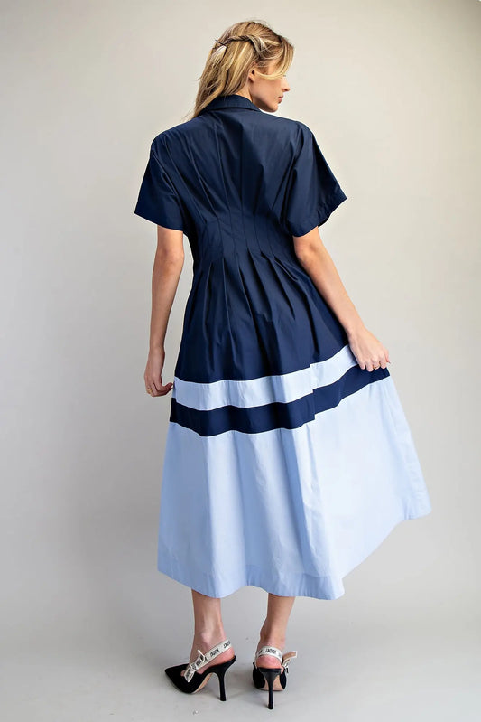 Color block button down midi dress with pleated waist