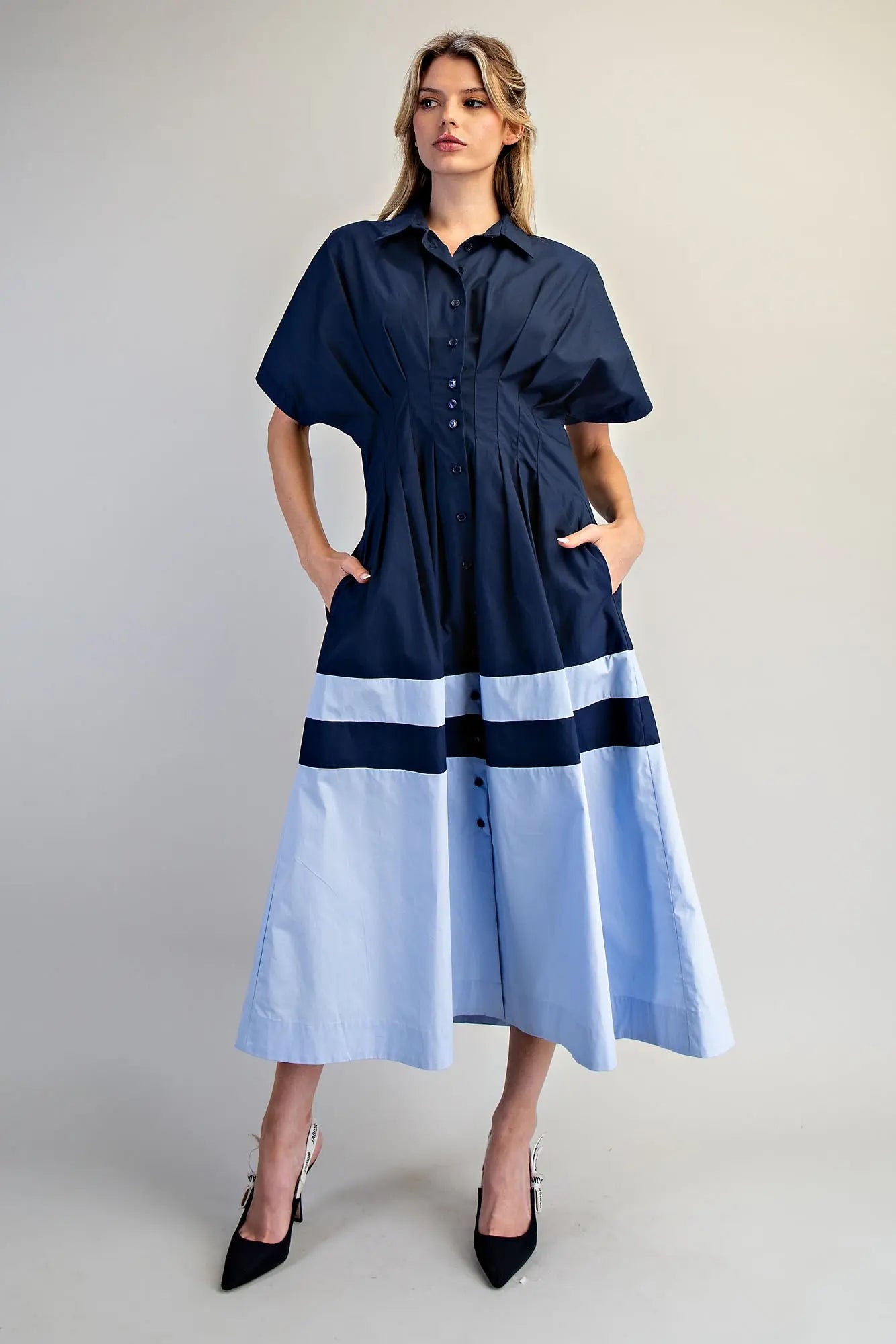 Color block button down midi dress with pleated waist