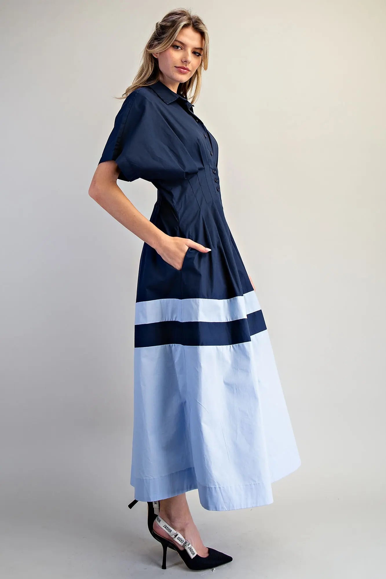 Color block button down midi dress with pleated waist