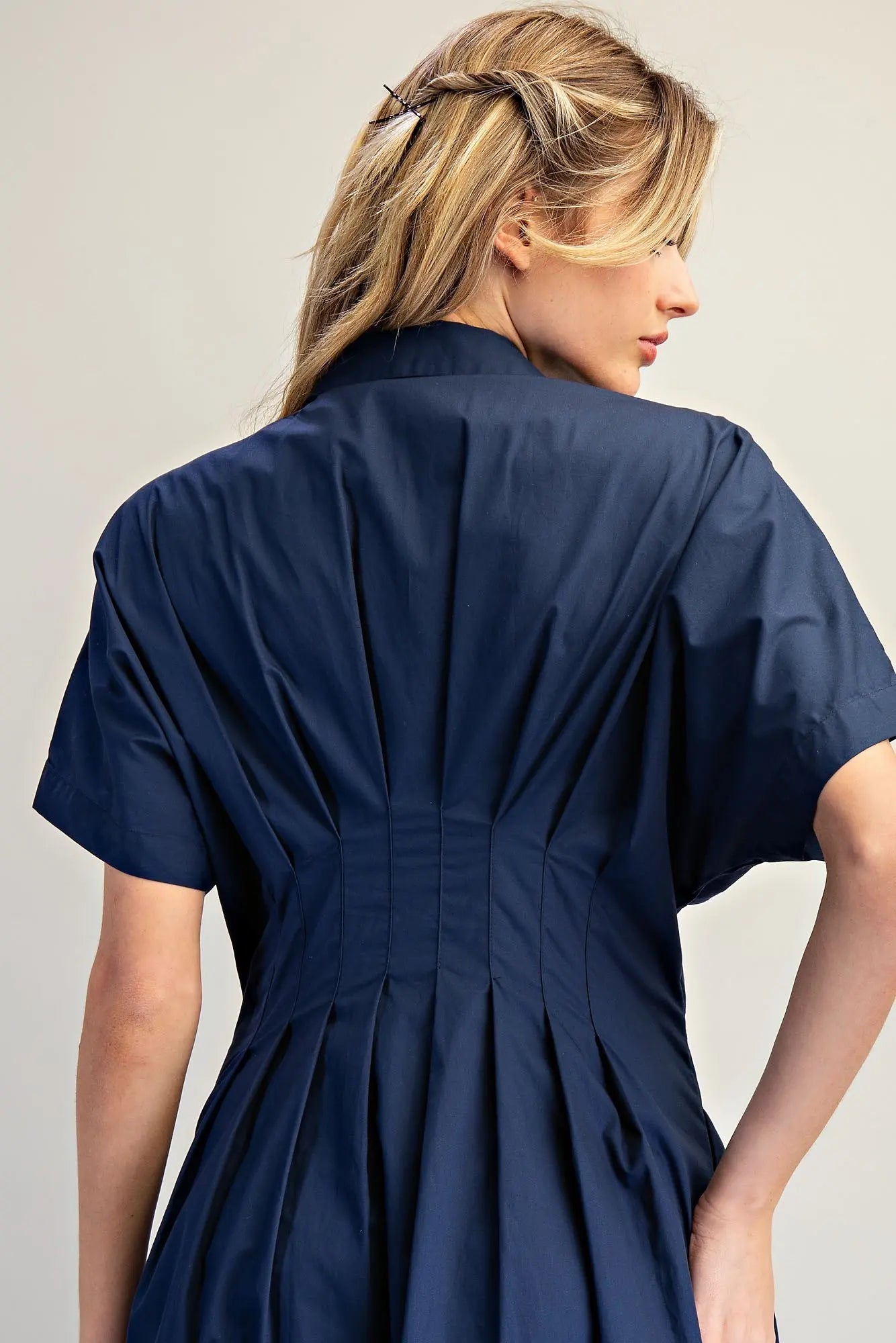 Color block button down midi dress with pleated waist