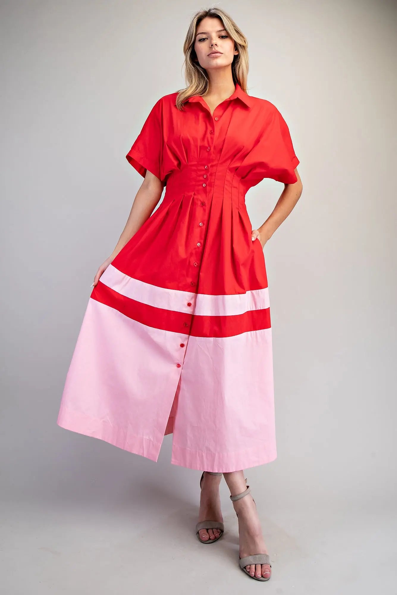 Color block button down midi dress with pleated waist