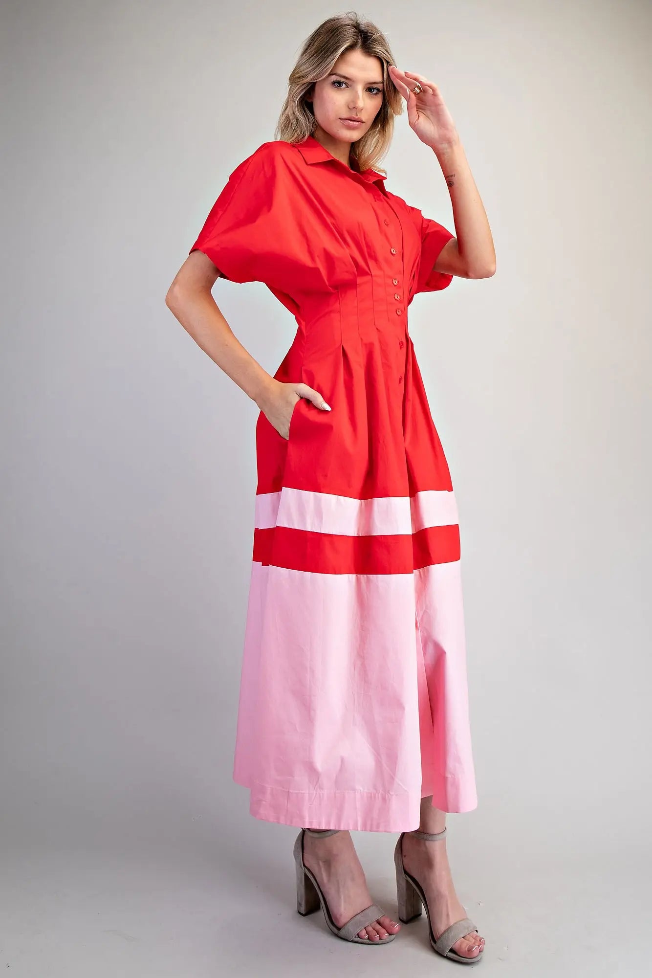 Color block button down midi dress with pleated waist