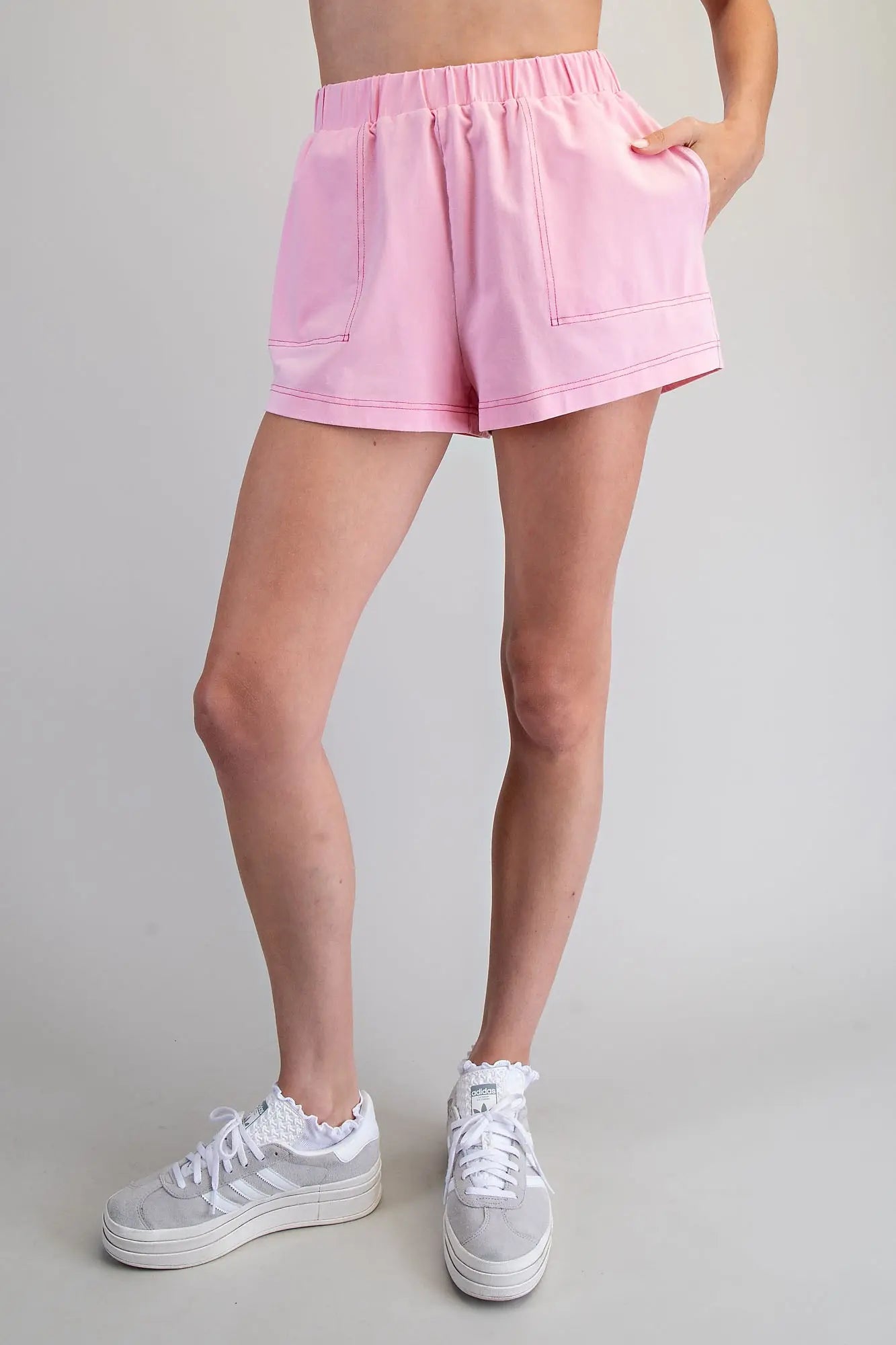 pink elastic waist shorts with pocket 
