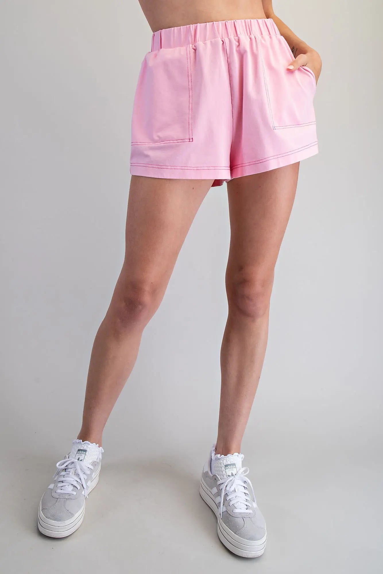 pink elastic waist shorts with pocket 