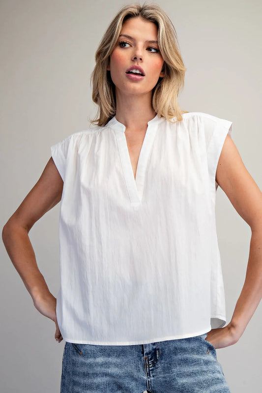 Split neck sleeveless blouse with pleated back detail